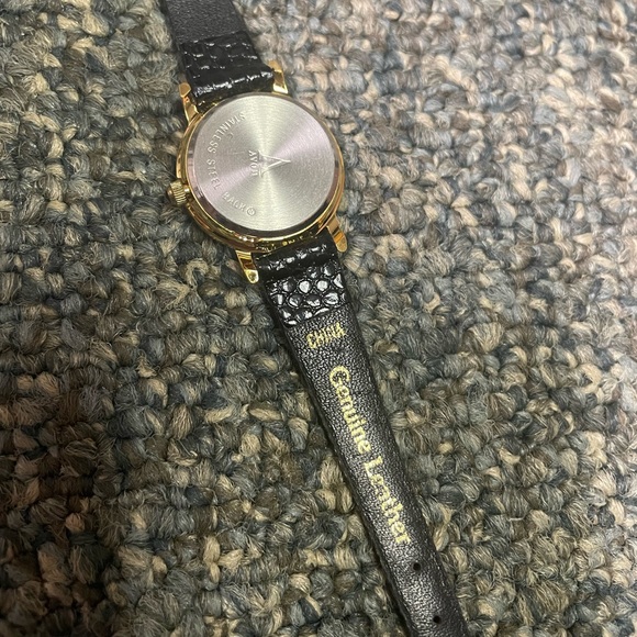 NIB Avon Women’s Floating Rhinestone Leather Black/Gold Watch - Picture 3 of 4